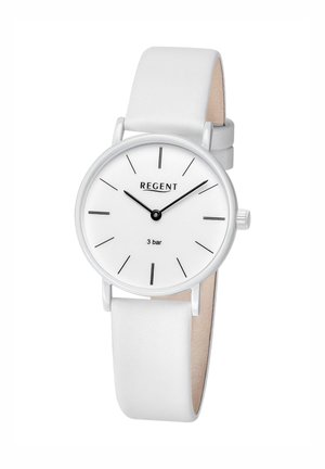 Montre-bracelet blanche avec des index horaires fins noirs et des aiguilles noires, logo "REGENT" et bracelet en cuir blanc. Résistance à l'eau indiquée à 3 bars.