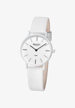 Montre-bracelet blanche avec des index horaires fins noirs et des aiguilles noires, logo "REGENT" et bracelet en cuir blanc. Résistance à l'eau indiquée à 3 bars.