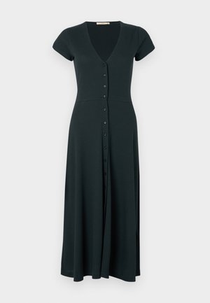 Dunkelgrünes, knielanges Kleid mit V-Ausschnitt, kurzen Ärmeln und sechs Vorderknöpfen zum Schließen. Aus weichem, dehnbarem Stoff gefertigt. Glatte Textur.