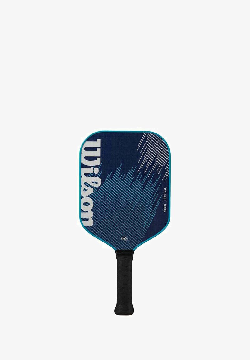 Paddle da pickleball Wilson Fierce Max blu con impugnatura nera e design astratto a linee diagonali sulla faccia.
