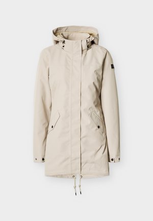 Bēša ilga ūdensnecaurlaidīga jaka ar regulējamu kapuci, priekšpuses rāvējslēdzēju, kas pārklāts ar aizkaru, divām kabatām ar pogām un auklu apakšmalā.