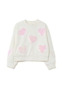 Witte cropped sweatshirt met multicolor pailletten hartontwerpen op de voorkant en mouwen. Heeft een ronde halslijn en geribbelde manchetten.