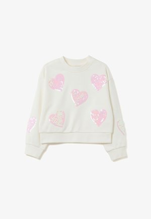 Witte cropped sweatshirt met multicolor pailletten hartontwerpen op de voorkant en mouwen. Heeft een ronde halslijn en geribbelde manchetten.