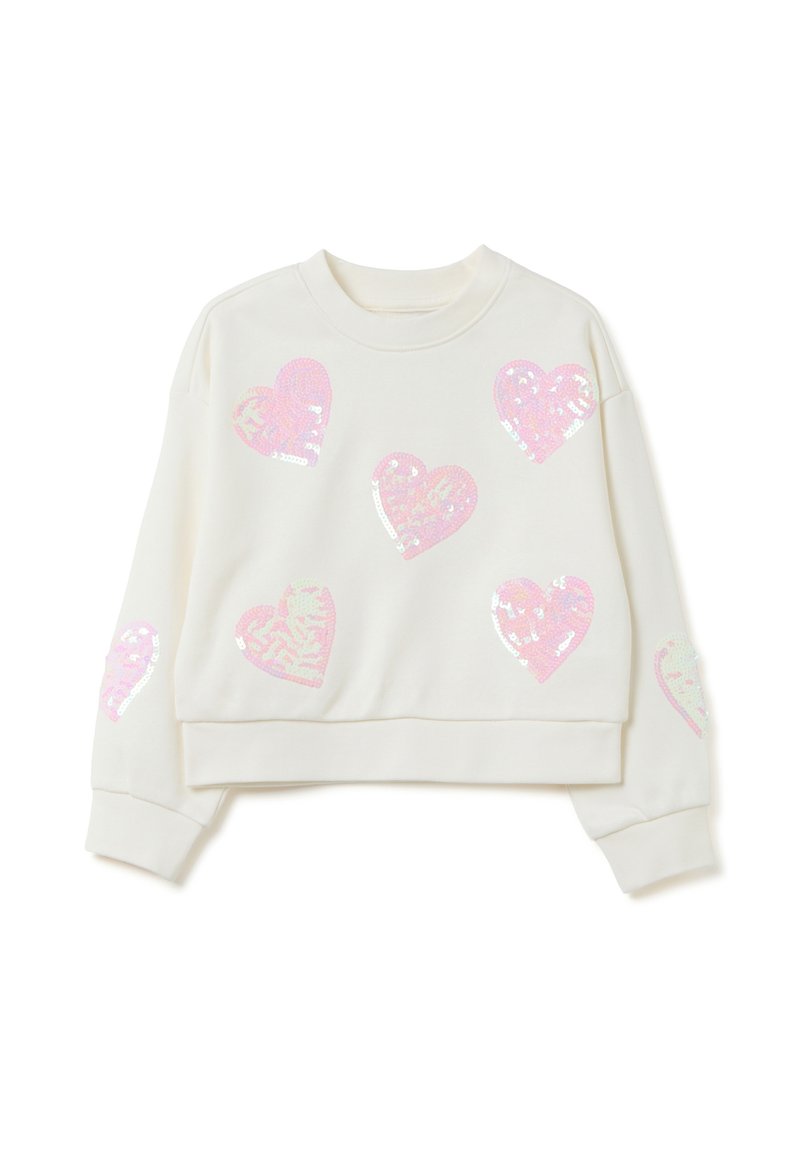 Sweatshirt court blanc avec des motifs de cœurs en sequins multicolores à l'avant et sur les manches. Il possède un col rond et des poignets côtelés.