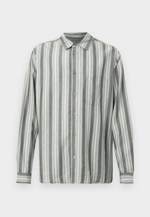Striped button-up shirt in gray and cream, featuring a collar, long sleeves, and a chest pocket. Soft fabric with a smooth texture.