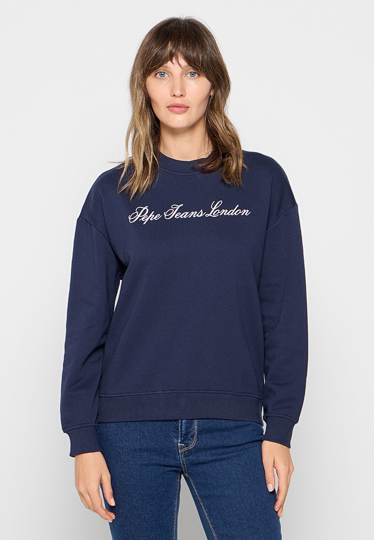 Dunkelblaues Sweatshirt mit langen Ärmeln, gerippten Bündchen und Saum, mit weißem gesticktem "Pepe Jeans London" Schriftzug auf der Brust.