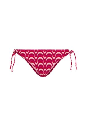 Bikinin alaosa aaltoilevassa kuviossa eri vaaleanpunaisen sävyissä, jossa on sivusolmut ja sileä, pehmeä kangaspinta.