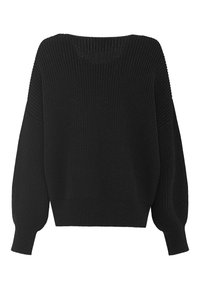 Svart stickad tröja med bred halsringning, ribbad textur och ballongärmar. Baksidan har en lös passform och minimal detaljer.