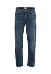 Jeans din denim bleu închis, cu un design cu picior drept, stil cu cinci buzunare și un detaliu subtil de uzură pe întreaga țesătură.