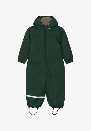 Mono de nieve aislante y impermeable de color verde, con cierre de cremallera frontal, puños elásticos, capucha forrada y una franja reflectante blanca cerca de los tobillos.