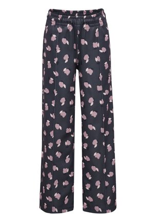 Sorte bukser med vide ben med pink abstrakt blomstermønster, elastisk talje og snørelukning foran.