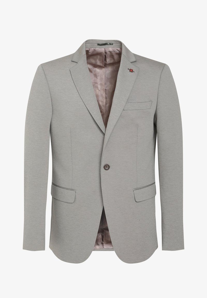 Helehall mantel, millel on tekstureeritud viimistlus, ühe nupuga sulgemine, sakilised kraed ja kaks eesmist taskut; sisemus on vooderdatud mustrilise kangaga.