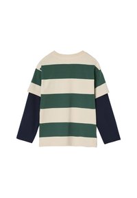 Gestreiftes Langarmshirt mit grünen und cremefarbenen Horizontalstreifen, einem marineblauen linken Arm und einem gerippten Rundhalsausschnitt. Aus Baumwollmaterial.