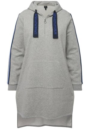 Abito felpa grigio con zip parziale frontale, polsini elasticizzati e tasca a marsupio frontale. Presenta strisce di accento blu scuro e cordini con logo.