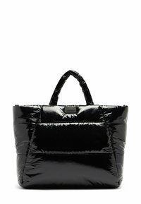 Borsa tote nera in piumino realizzata in nylon lucido e trapuntato con un design imbottito, dotata di manici doppi e un'accattivante logo sulla parte anteriore.