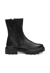 Schwarze Leder-Stiefelette mit seitlichem Reißverschluss, robuster Sohle und strukturiertem Obermaterial. Verfügt über eine chunky, rutschfeste Außensohle für besseren Halt.