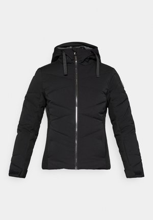 Čierna vypchávaná bunda s rozopínaním na zips, kapucňou a kontrastným prešívaným dizajnom. Obsahuje priliehavé manžety s suchým zipsom a hladkú textúru.