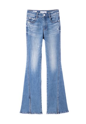Light blue flared jeans made of denim, featuring a distressed look, five pockets, and a frayed hemline with side seam details.