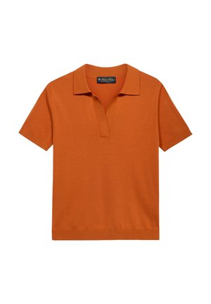 Korte mouwen, polo in verbrande oranje kleur met een open V-halskraag en geribde zoom, afgebeeld op een witte achtergrond.