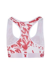 Witte sportbh met een rode grafische print met een konijnlogo en abstracte vormen; racerback ontwerp met een elastische band aan de onderkant.