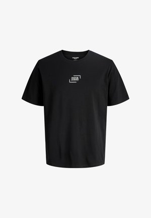 Schwarzes Baumwoll-T-Shirt mit Rundhalsausschnitt, kurzen Ärmeln und weißem Box-Logo mit der Aufschrift "JACK & JONES" auf der Vorderseite. Einfaches und modernes Design.
