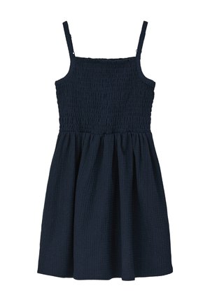 Dunkelmarinefarbenes ärmelloses Kleid mit gerafftem Oberteil und gesammeltem Rock, mit dünnen Trägern.