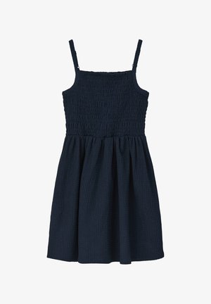 Dunkelmarinefarbenes ärmelloses Kleid mit gerafftem Oberteil und gesammeltem Rock, mit dünnen Trägern.
