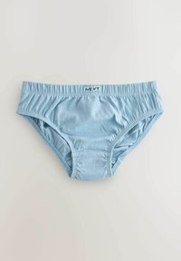 Slip di cotone azzurro chiaro con cintura elastica, lati arricciati e una piccola etichetta "NEXT" attaccata al centro anteriore.