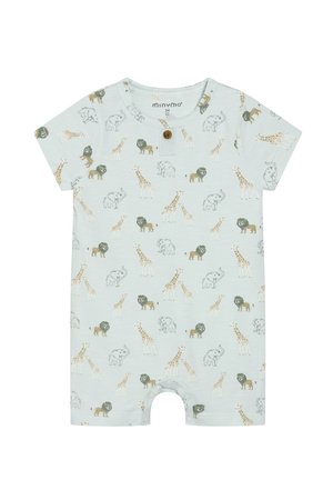 Jasnoniebieski kombinezon z krótkim rękawem w zwierzęcy wzór z lwami, słoniami i żyrafami. Zapięcie na guziki z przodu i zatrzaski na dole. Bawełniana tkanina.