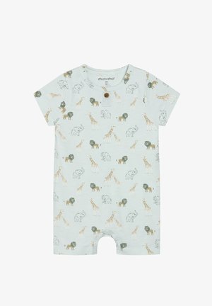 Hellblauer Kurzarm-Overall mit Tiermuster bestehend aus Löwen, Elefanten und Giraffen. Vorderseite mit Knöpfen und Druckknopfverschluss unten. Baumwollstoff.