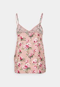 Camisola sem mangas floral em tecido rosa suave. Apresenta uma gola em V, alças finas ajustáveis e um padrão de rosas vermelhas e brancas.