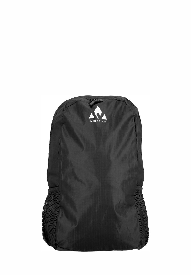 Sac à dos noir en tissu résistant, avec un logo, un compartiment zippé en haut et des poches latérales en mesh pour le rangement. Texture lisse et design épuré.