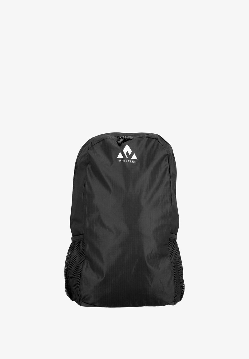Sac à dos noir en tissu résistant, avec un logo, un compartiment zippé en haut et des poches latérales en mesh pour le rangement. Texture lisse et design épuré.