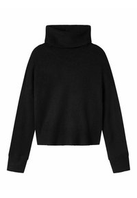 Schwarzer Rollkragenpullover mit einem cropped Design, aus weichem Stoff gefertigt, mit ribbeliger Textur und langen Ärmeln. Keine auffälligen Muster oder Akzente.