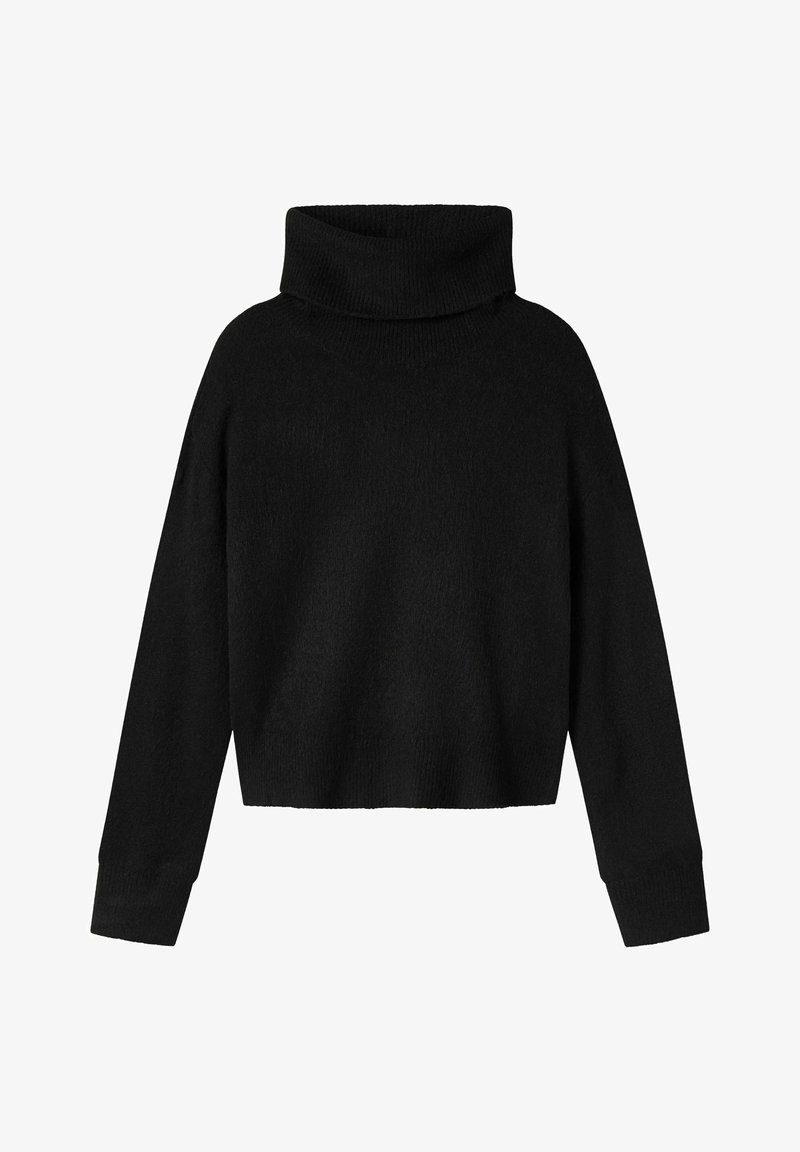 Schwarzer Rollkragenpullover mit einem cropped Design, aus weichem Stoff gefertigt, mit ribbeliger Textur und langen Ärmeln. Keine auffälligen Muster oder Akzente.