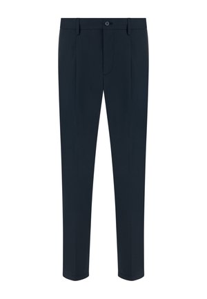 Pantalon ajusté pour homme bleu marine avec passants de ceinture, bouton devant, braguette zippée et deux poches latérales, présenté sur fond blanc.