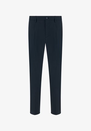 Pantalon ajusté pour homme bleu marine avec passants de ceinture, bouton devant, braguette zippée et deux poches latérales, présenté sur fond blanc.