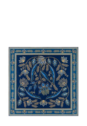 Dunkelblaues quadratisches Textil mit goldenen und hellblauen, komplizierten Blumen- und Blattmustern, eingerahmt von einem dekorativen, mehrschichtigen Rand.