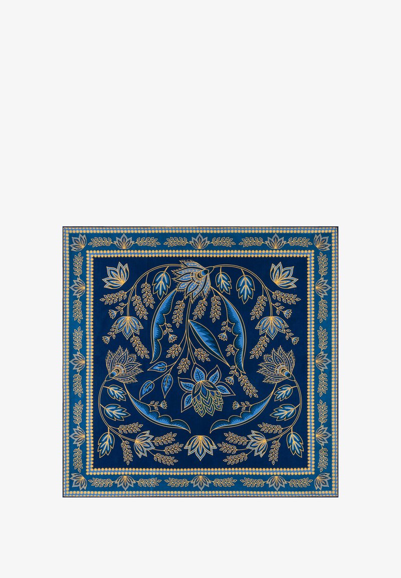 Dark blue square textile with gold and light blue intricate floral and leaf patterns, framed by a decorative multi-layered border.