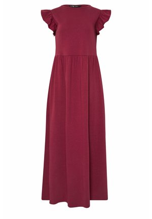 Maxivestido burdeos de tejido suave y elástico. Presenta mangas cortas con volantes y una cintura ajustada que fluye hacia una falda completa.