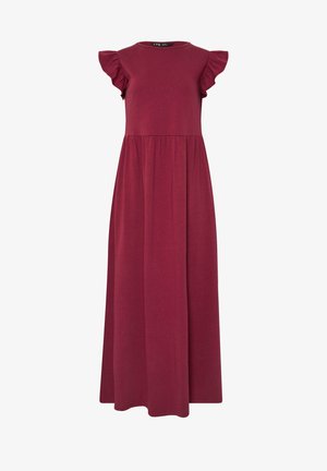 Burgundowa sukienka maxi z miękkiej, elastycznej tkaniny. Posiada krótkie, falbaniaste rękawy oraz wszytą talię, która przechodzi w pełną spódnicę.
