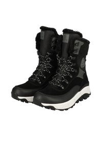 Bottes d'hiver noires avec doublure en fourrure synthétique, tige en tissu texturé et semelle en caoutchouc. Comprend des œillets en métal et une semelle intermédiaire blanche contrastante.