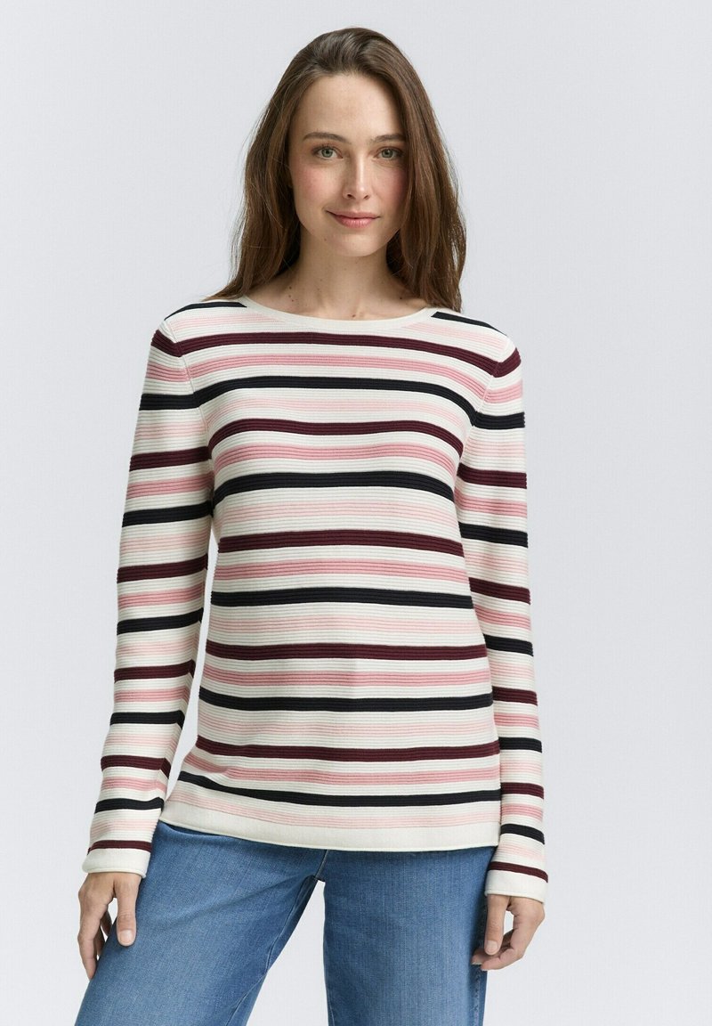 Dryžuota ilgaa rankove viršūnė, pagaminta iš raibų audinio, su horizontaliomis juostomis burgundiško, rožinio, juodo ir dramblio kaulo atspalvių.