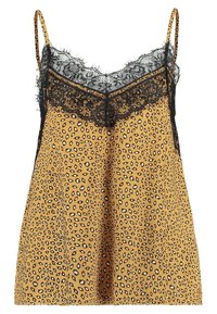 Gul linne med svart spetskant och smala axelband, med ett leopardmönster som har svarta och vita inslag. Mjukt tyg.