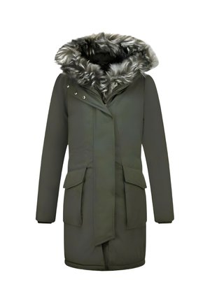 Donkergroene winterjas met grote, met bont gevoerde capuchon, ritssluiting aan de voorkant, drukknopen en twee klepzakken aan de voorkant.