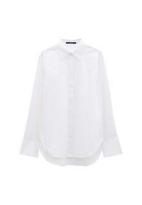 Camicia bianca a maniche lunghe realizzata in tessuto liscio, con colletto classico, chiusura frontale con bottoni e orlo curvo con polsini leggermente arrotondati.