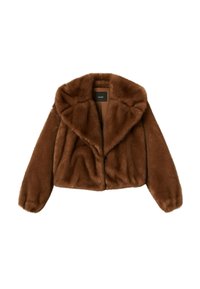 Giacca corta in pelliccia sintetica marrone con ampio colletto a rever e maniche lunghe, mostrata distesa su uno sfondo bianco.