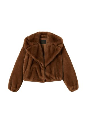 Giacca corta in pelliccia sintetica marrone con ampio colletto a rever e maniche lunghe, mostrata distesa su uno sfondo bianco.
