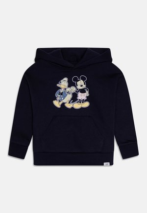Marineblauer Hoodie mit Kängurutasche vorne und Grafik von Donald Duck und Mickey Mouse, die Händchen halten.