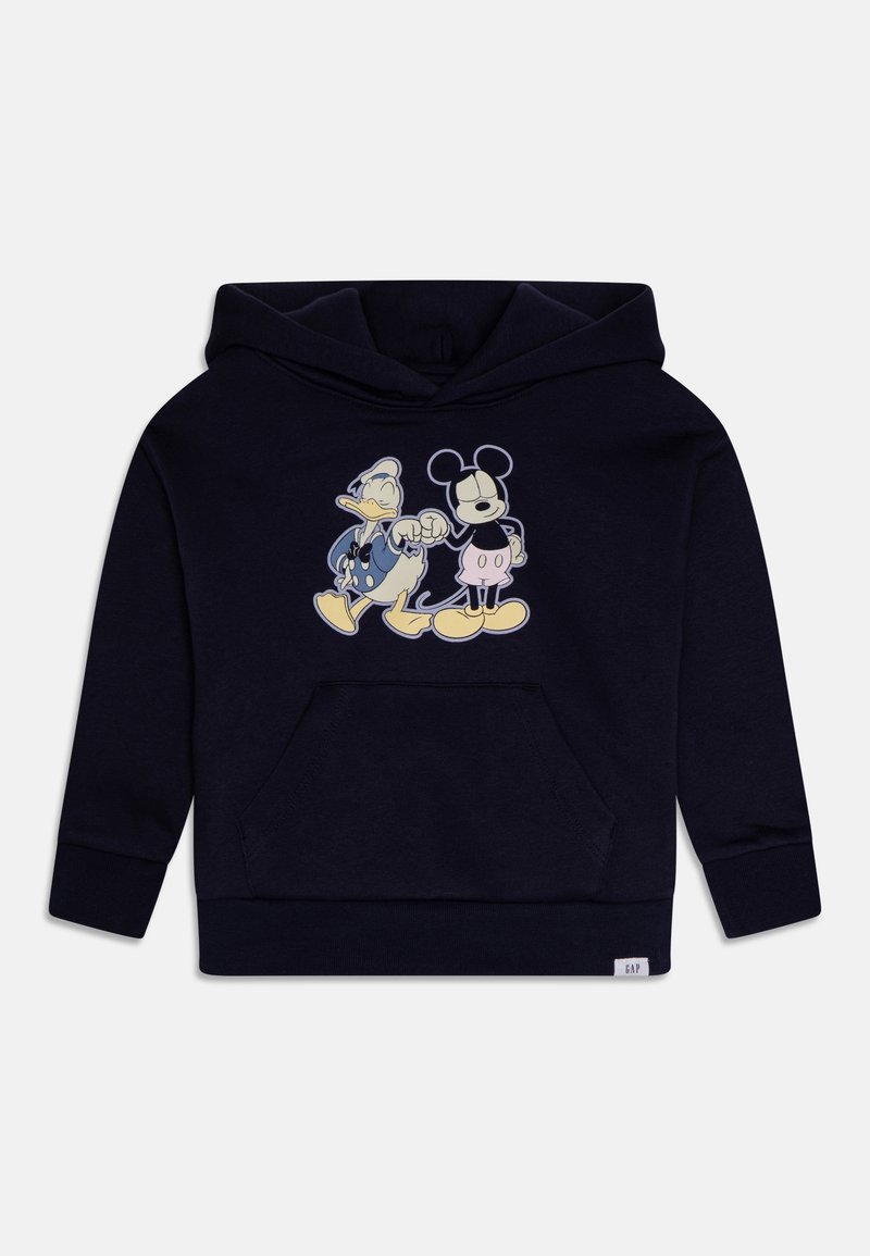 Sweat à capuche bleu marine avec poche kangourou à l'avant, orné d'un motif de Donald Duck et Mickey Mouse se tenant la main.